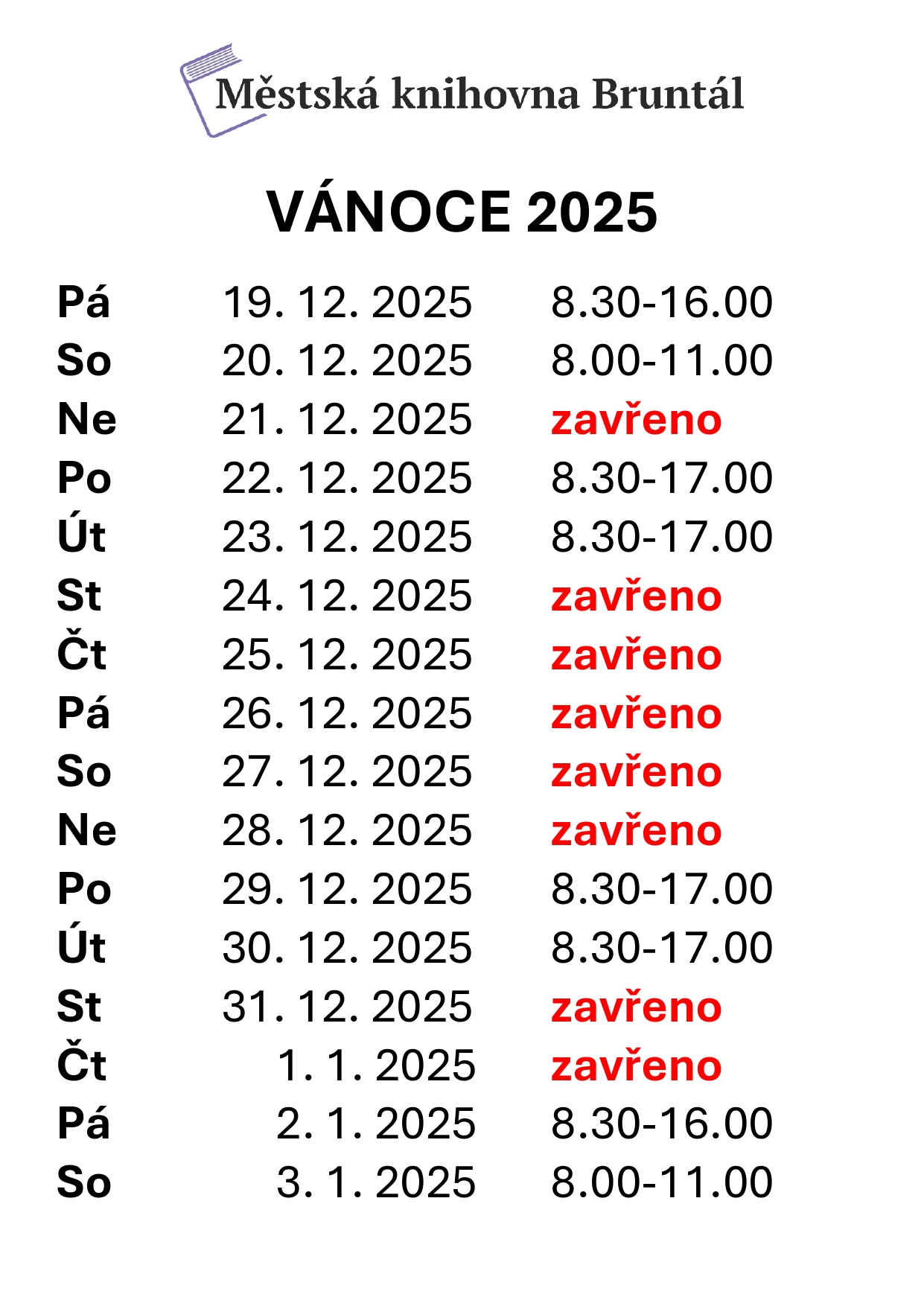 Vánoční půjčovní doba 2025